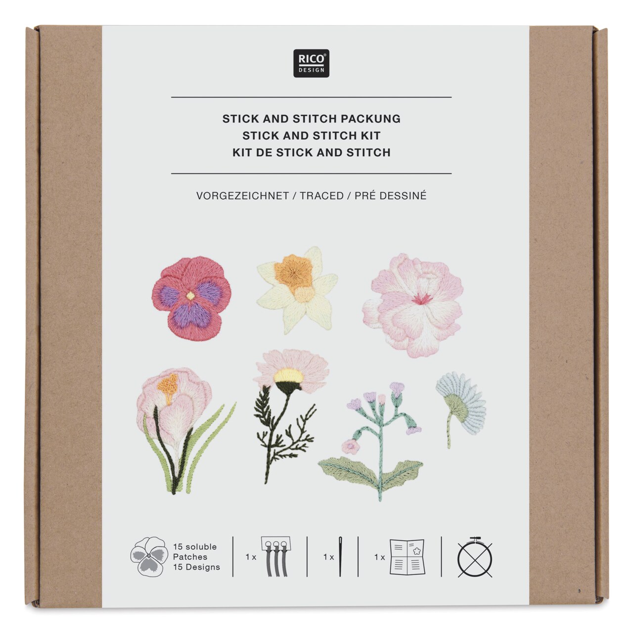 Rico Design Stick and Stitch Embroidery Kit - Pkg of 15, Spring Flowers